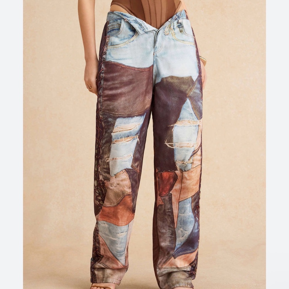 Micas Painted Print Button Fly Wide-Leg Jeans in Blue and Brown
